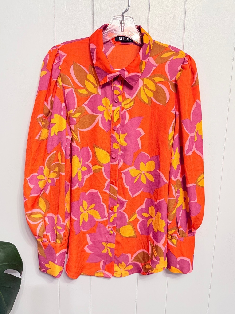 #1)  BTFBM Floral Button-Front Blouse in Orange and Pink